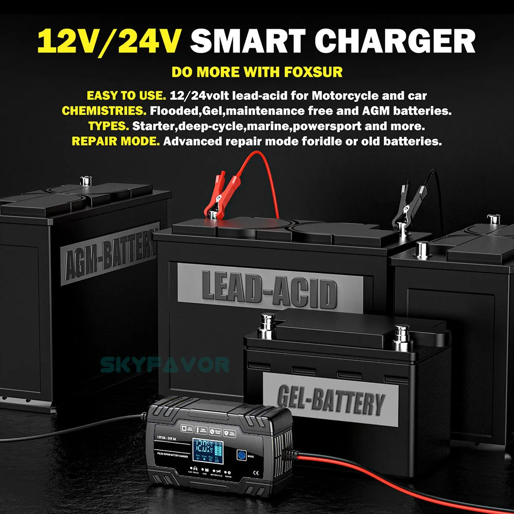 Universal truck car battery charger 12V 24V 8A automatic Maintenance-free gel agm dry wet deepcycle pulse repair battery charger