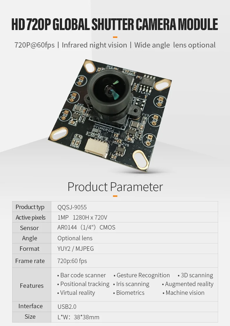 DGZX Color/Monochrome AR0144 Global Shutter 720P IR Night Vision USB Camera Module for Machine Vision Algorithm插图 DGZX Color/Monochrome AR0144 Global Shutter 720P IR Night Vision USB Camera Module for Machine Vision Algorithm插图