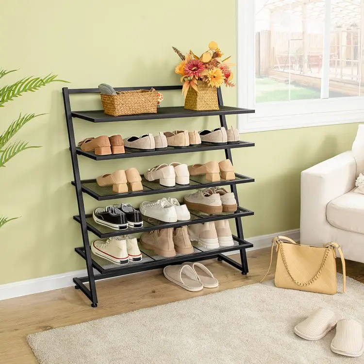 Wholesale 5 Layer Shoe Racks Industrial Style 5layer Shoe Storage Stand with Wood Top and Metal Shelf for Shoes Organizer