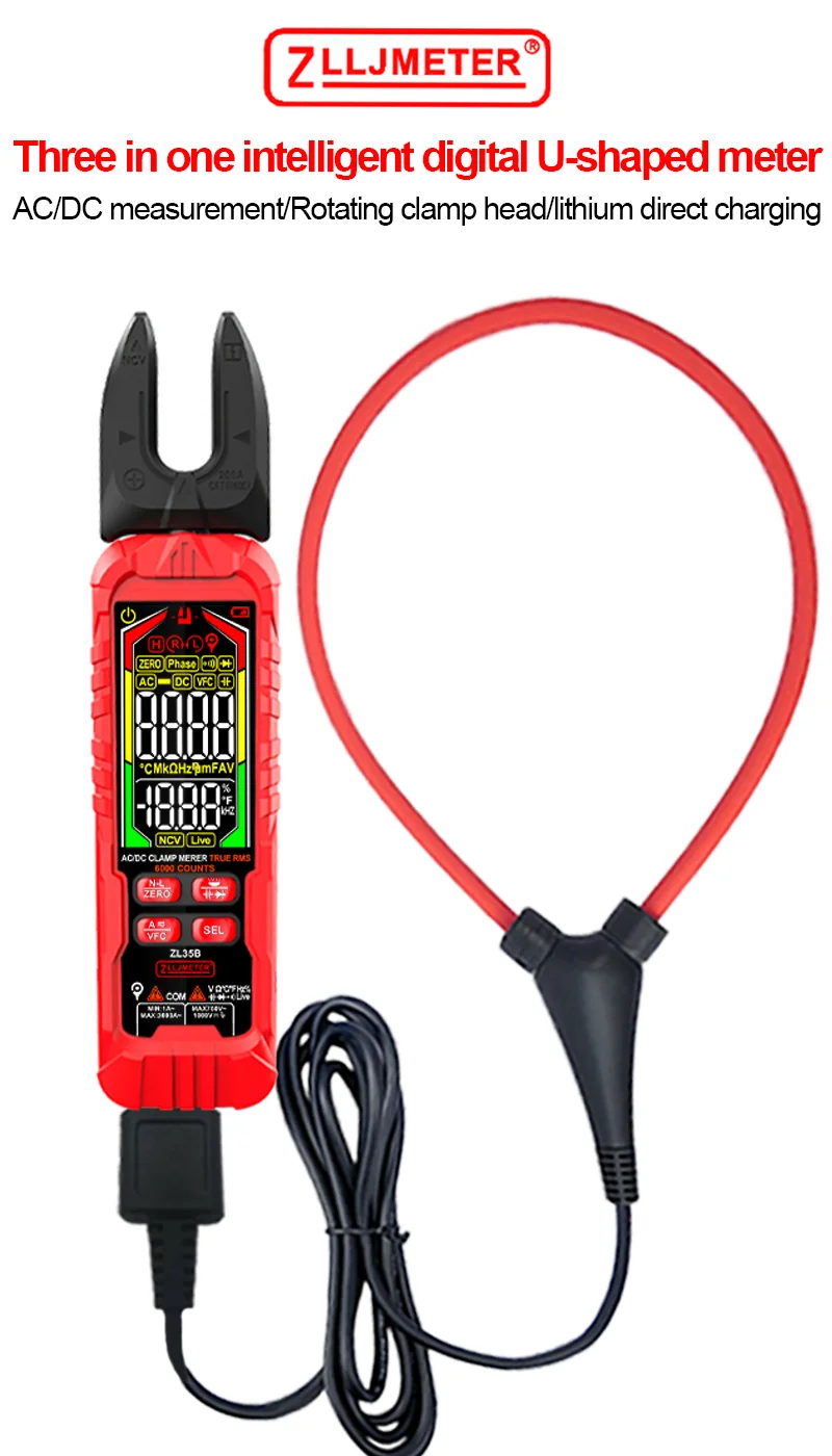 Specification NEW Digital AC Current Clamp Meters Current Clamp Multimeter 6000 Counts Meter Frequency NCV Digital Clamp Meters The clamp head can be selected for measurement item value Place of Origin China Guangdong Flexible pliers: have Measuring Current Range 0.1A-200A Measuring Voltage Range 0.1-600V Measuring Resistance Range 0.1ohm-60Mohm Max. AC Voltage 0.1-600V Max. DC Voltage 0.1-600V Capacitance measurement: 0.1nf-60mf Brand Name ZLLJMETER Model Number ZL35B Dimensions 18.9cm*5.2cm*2.7cm Weight 0.58kg Parameters Measured AC Voltage, Frequency, Temperature, DC Voltage, Capacitance, Continuity, Diode, Resistance, AC Current Product name digital display ammeter Operating Temperature -50 - 10000 ℃ Auto Range, Automatic shutdown, have NCV have On/Off ,Flashlight, have Frquency measurement have Low voltage display have Diode testing,Live Line Recognition have Customized services have weight 0.376kg Product Description Ampere Digital ZL35B Rechargeable Clamp Multimeter High Precision Portable Ammeter Resistance Temperature Frequency 200A