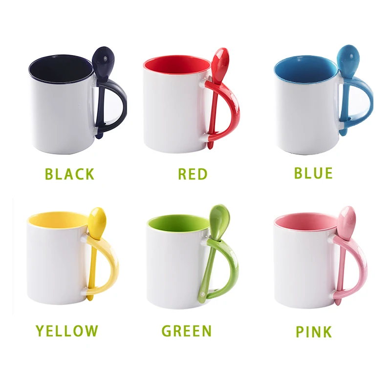 Factory Wholesale 11oz 330ml Custom Pink Yellow Green Sublimation Mug With Spoon