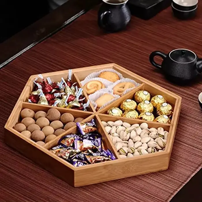 product 6 compartments bamboo wooden food tray snack tray set nut and candy serving tray with cover-7