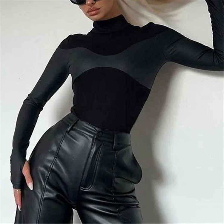 Black Patchwork Skinny Bodysuits Women PU Leather Full Sleeve Basic Elegant T-Shirt Tees Autumn