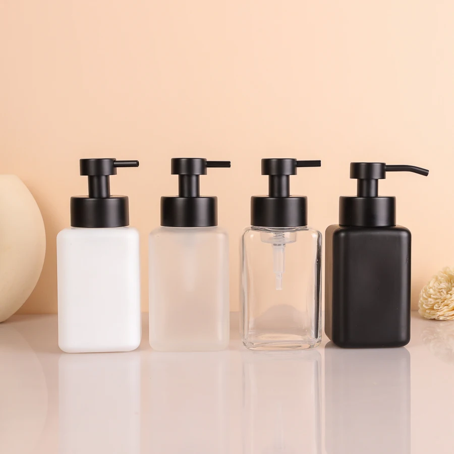 Custom Brand 250ml Square Glass Bottle for Hand Wash Face Clean Liquid Soap Bottle with Matte Black Foam Pump