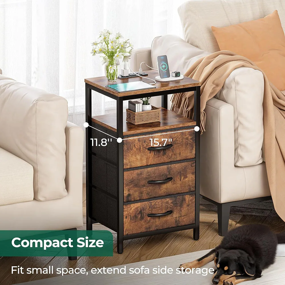 Modern Classic Nightstand Bedside Table with Fabric Drawers Charging Station End Table Side Table USB Ports Outlets Home Use manufacture