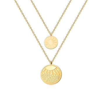 Double layered Sun Sunflower Pattern Engrave Custom Design Coin Pendant Necklace Jewels
