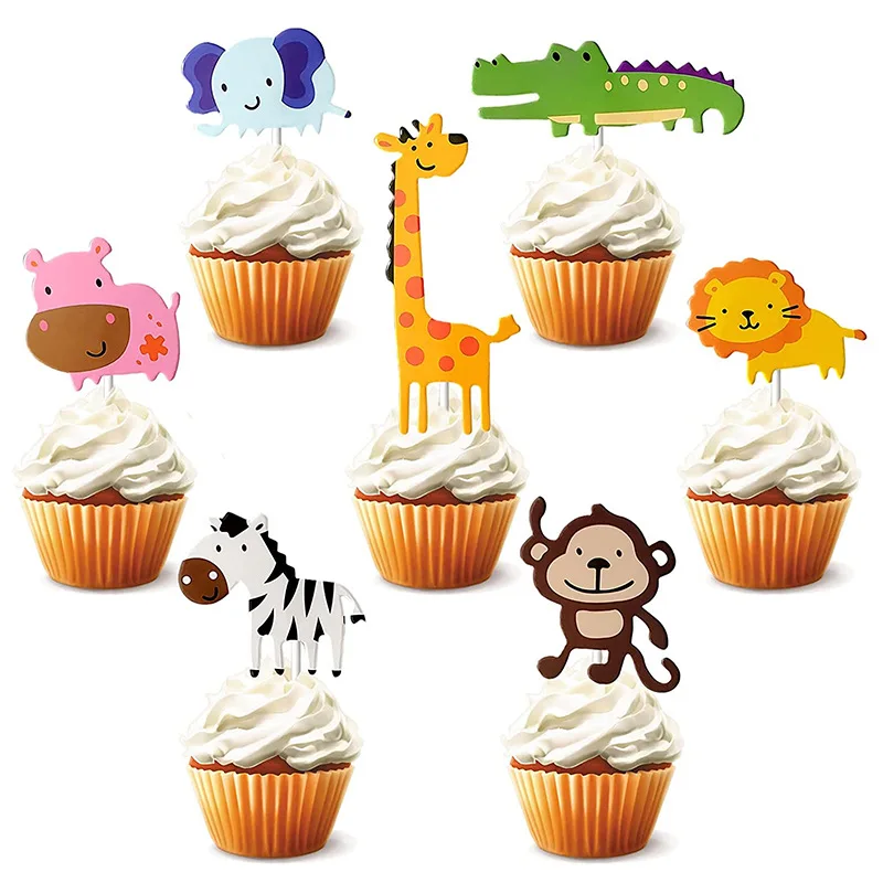 7-piece Set Giraffe Monkey Lion Elephant Cake Insert Card Animal Theme Baby Birthday Party Decoration