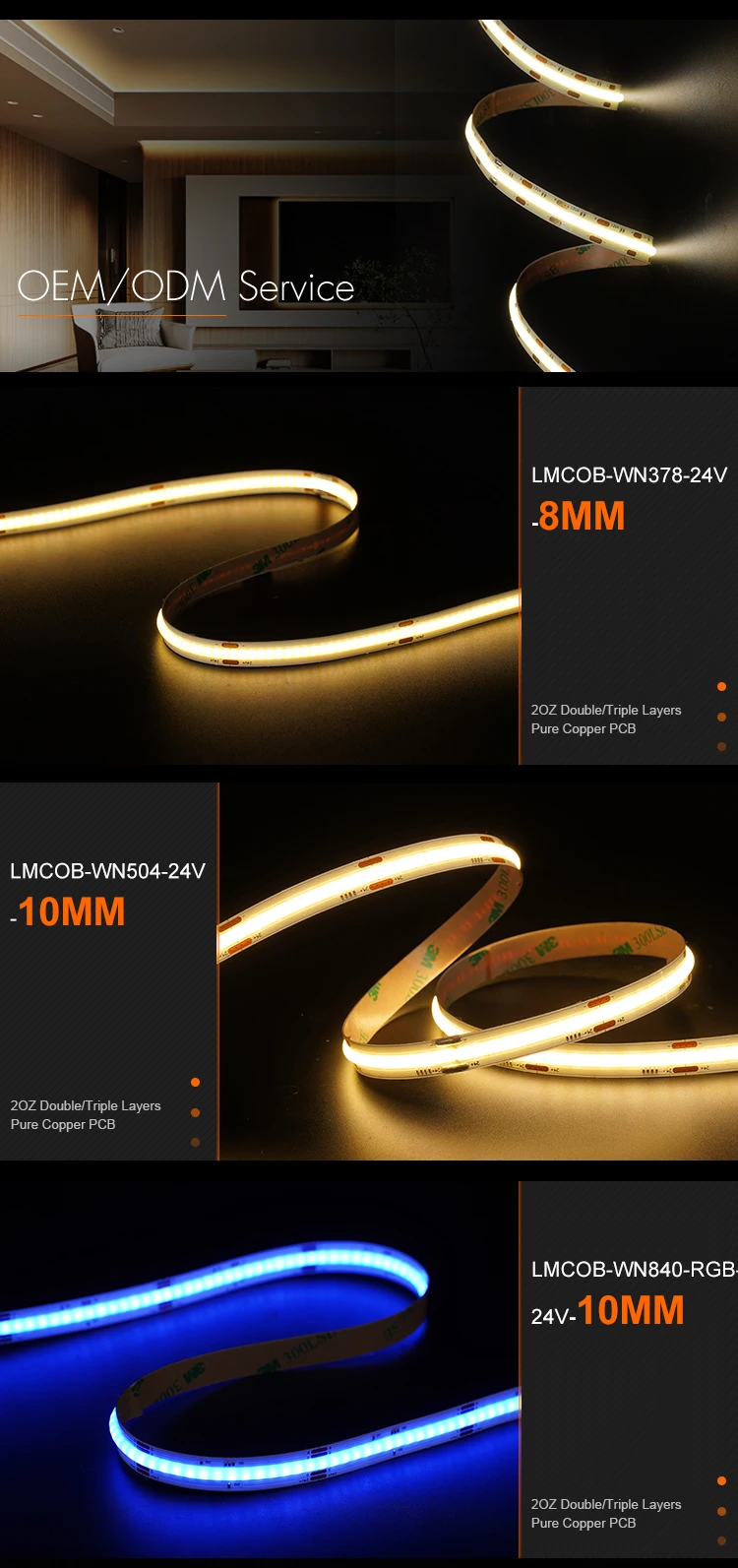 Custom COB DC24V 10MM Width 12W/M IP20 IP65 Dimmable Indoor Decoration Strip Lights Smart Strip Lights for Indoor Decorations factory