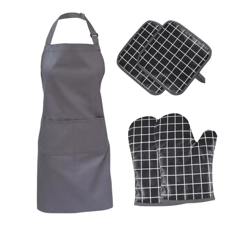 5pcs Oven Mitts Pot Holders With Pocket and Apron Cotton Lining Silicone Coating Surface Heat Resistant Kitchen Glove with Print