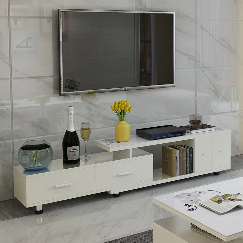 Winstar Furniture Modern white living room TV stand and coffee table set rectangle floating glass TV stand