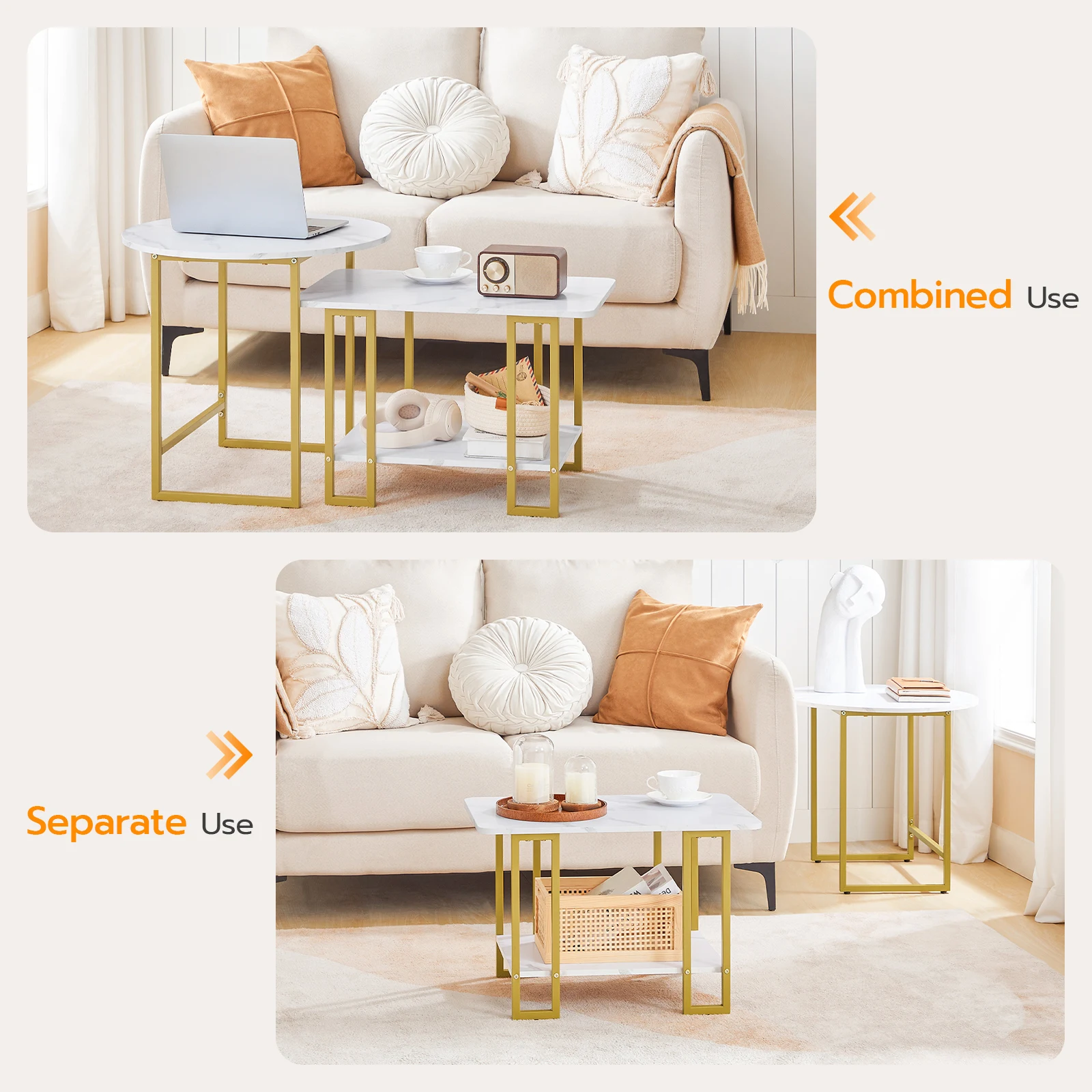 Wholesale Gold Round Square Side Tables Wood Nesting Center Coffee Tables Set with Marble Top Metal Frame for Living Room