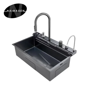 Single bowl oem odm waterfall faucet set high tech undermount  kitchen sink with cup washer