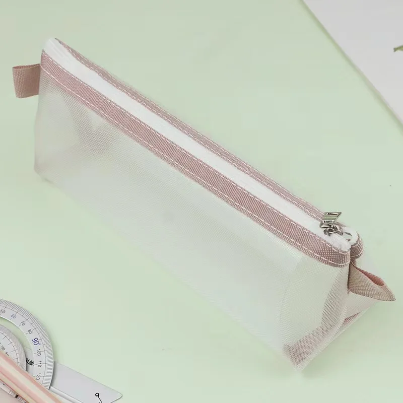 Wholesale Transparent Pen Bag Simple Zipper Triangle Large Capacity Student Mesh Pencil Case