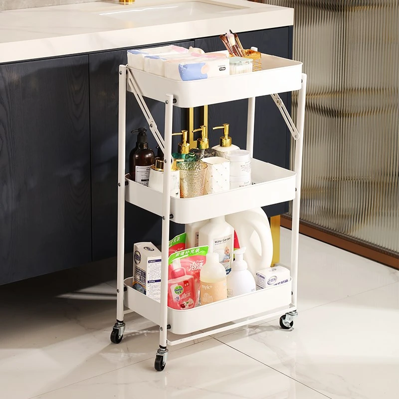 Portable Household 3 Layers Kitchen Trolley Cart Folding Storage Rack With Basket