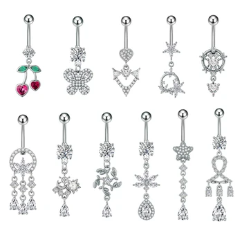 10Pcs/Set Belly Button Rings Surgical Steel Butterfly Water Drop Zircon Dangle Piercing Navel Ring Ladies Belly Body Jewelry