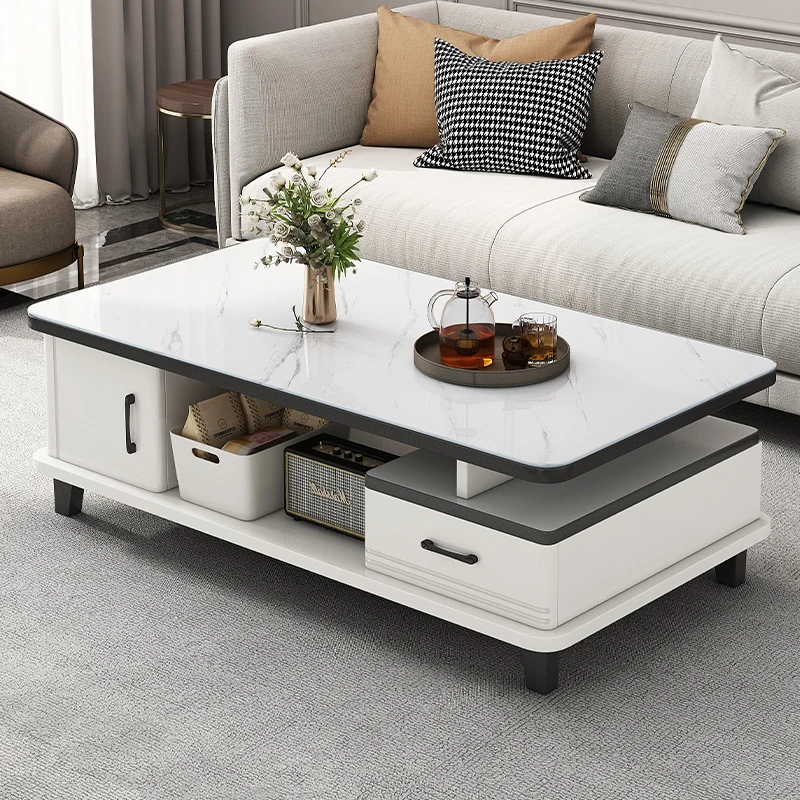 Elegant Modern Multifunctional Square White Furniture for Living Room Coffee Table with Glass Top and Drawers