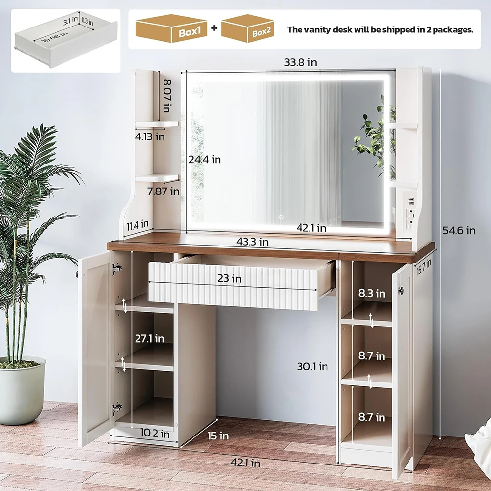 Elegant Retro White Vanity Desk Adjustable Shelves Touch Control Mirror Lights Power Outlet Elegant Retro Makeup Vanity Table manufacture