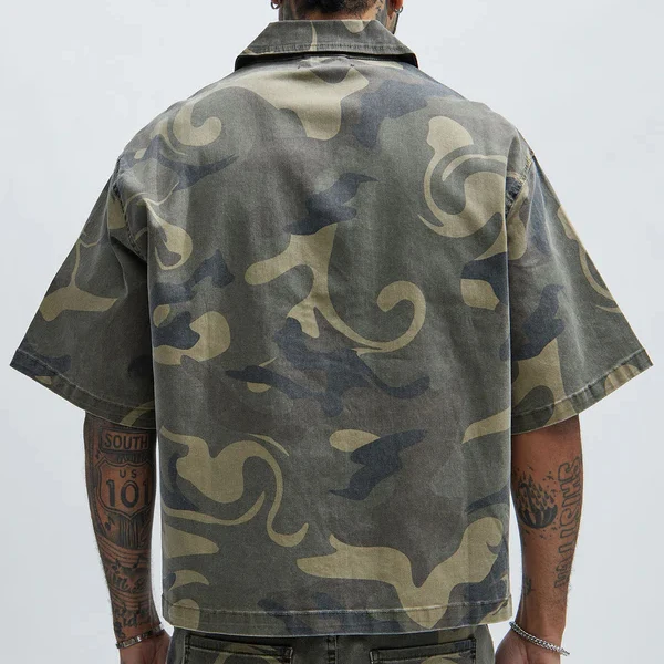 Manufacturer Custom Button up Canvas Twill Short Sleeve Camouflage Camo Boxy Shirts for Men details