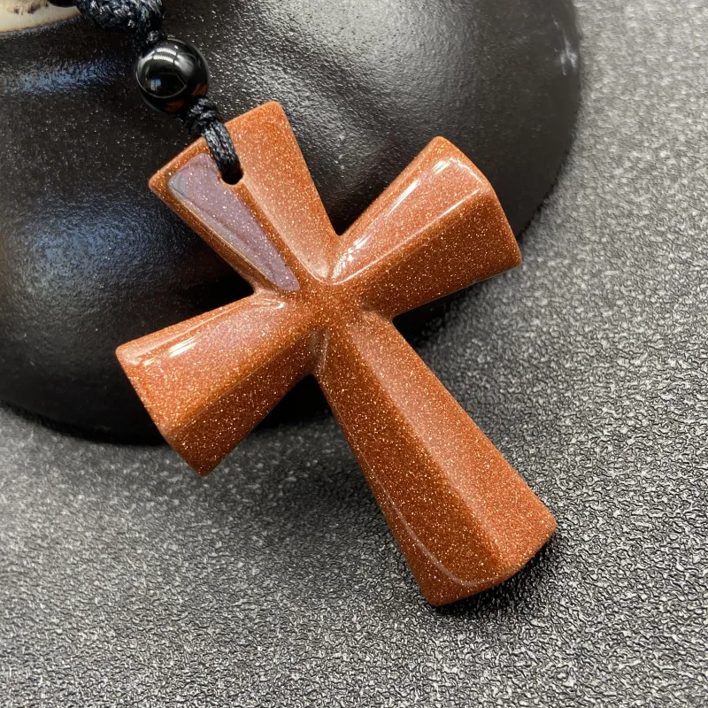 Jade Cross Pendant Men Necklace Meditation Jewelry Natural Stone Frosted Black Onyx Catholic