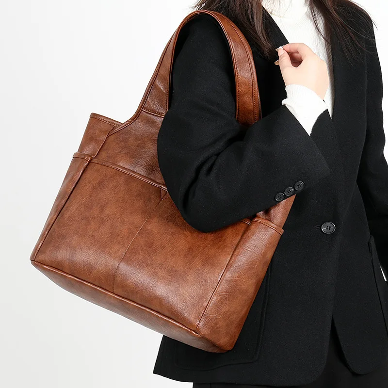 Vintage Office Women Handbag PU Leather Tote Bag Large Capacity Single Shoulder Tote Bag Purse and Handbag for Women