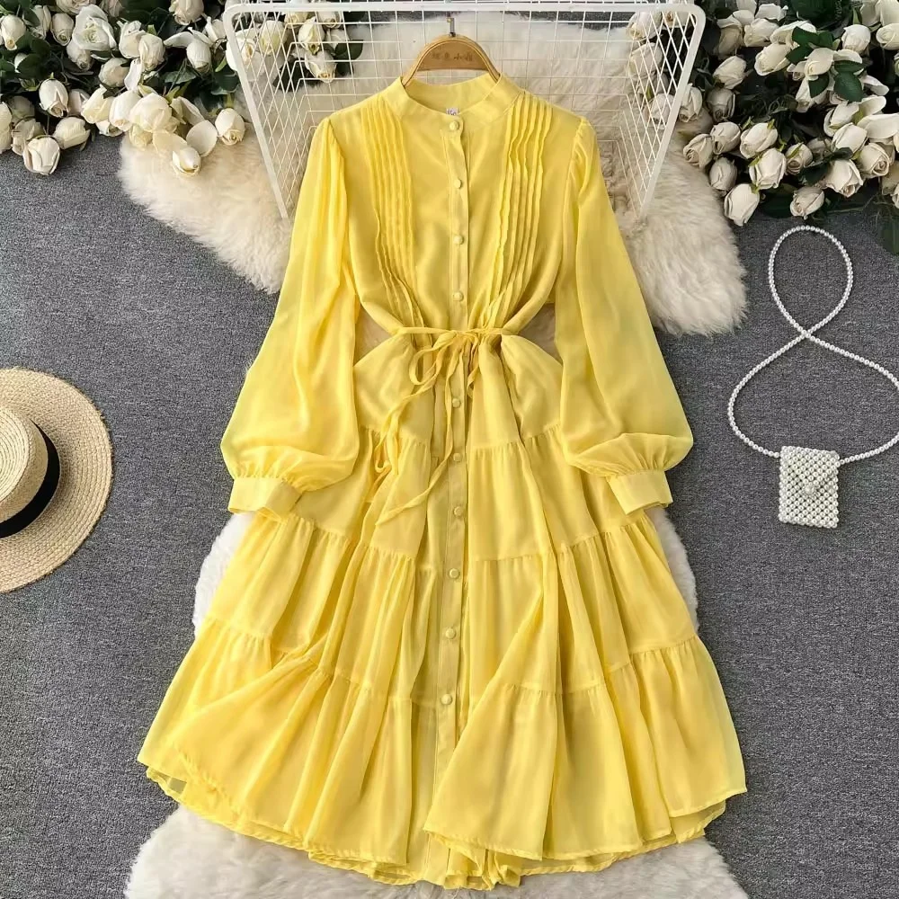 Womens Summer Dresses Crewneck Short Sleeve Waist Tie Ruffle Casual Chiffon A-Line Swing Mini Dress