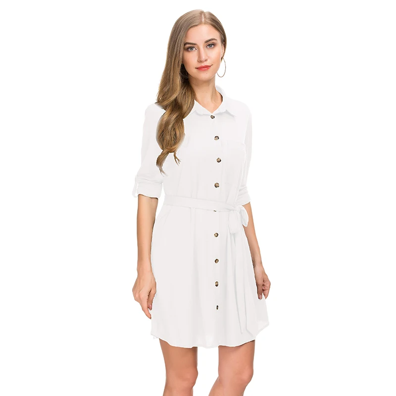 Summer office ladies clothes daily casual long roll up sleeve polo T shirt type full button dress