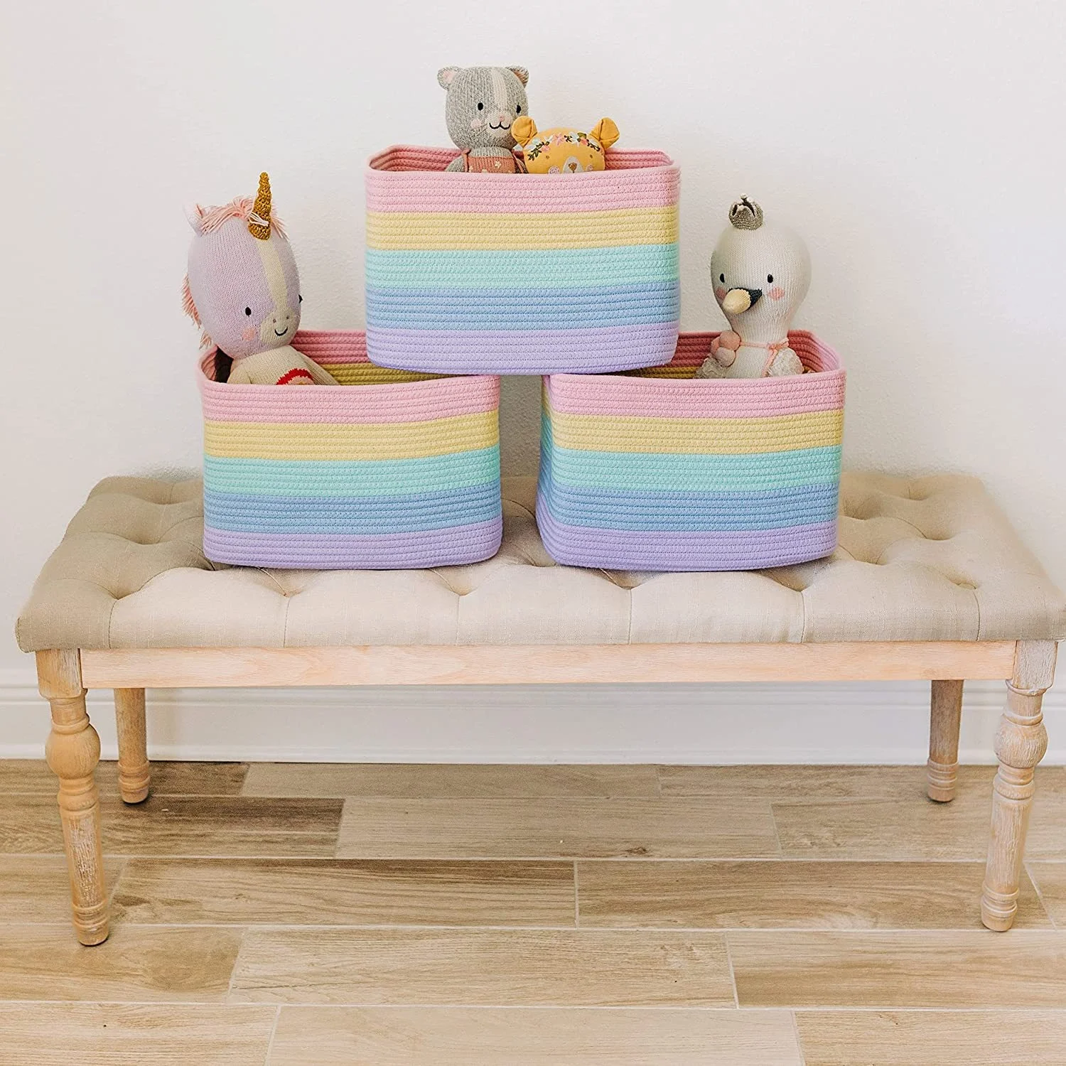 Color cotton rope rainbow basket collapsible clothes toys containers woven baskets For kids room storage basket