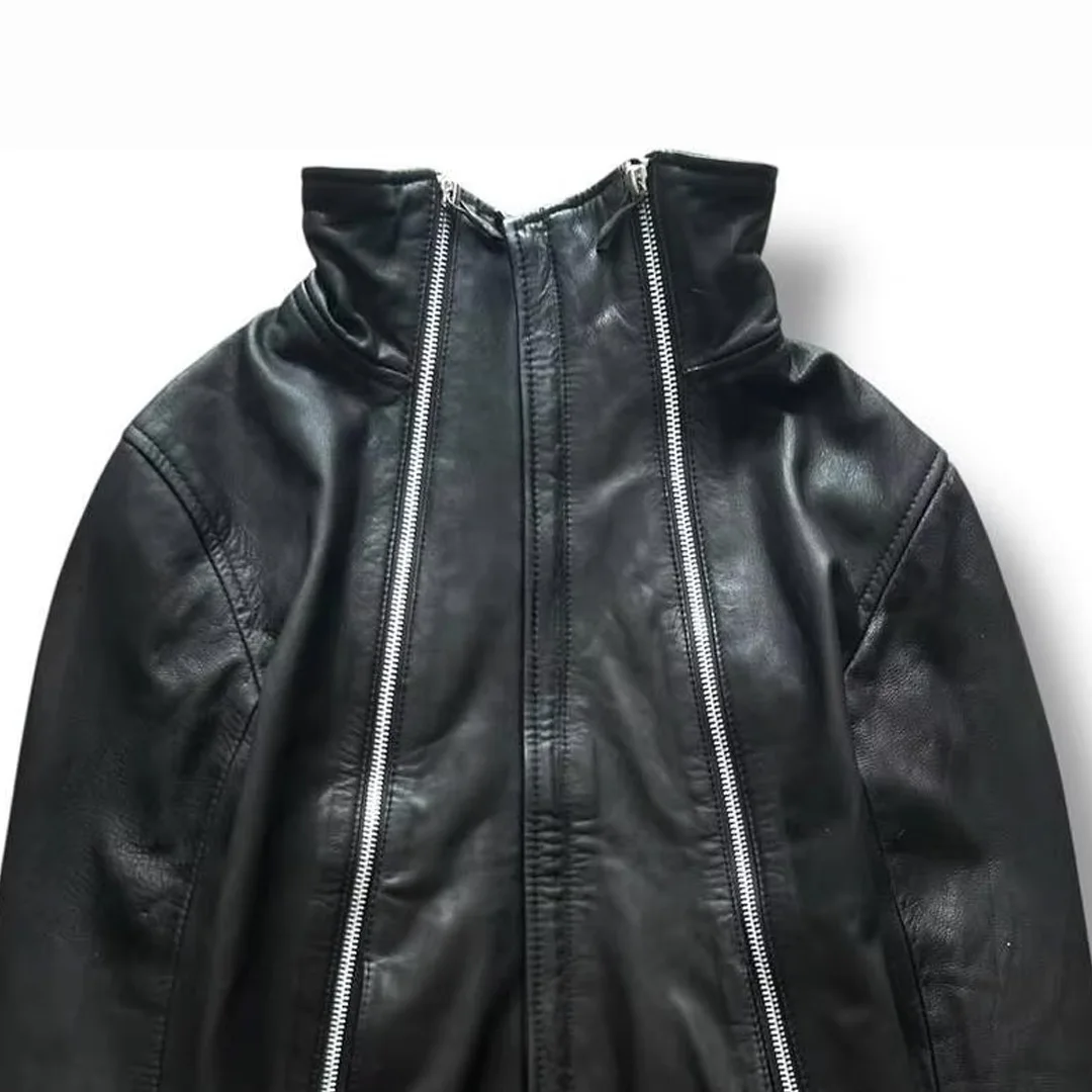 product mens vintage racing leather jacket with custom logo embroidery double sided zippers high collar oem service available672-4