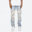 Jeans Jeans Jeans Streetwear Skull Print 100 Cotton Blue Non-stretch Denim Jeans For Hip Hop Singer
