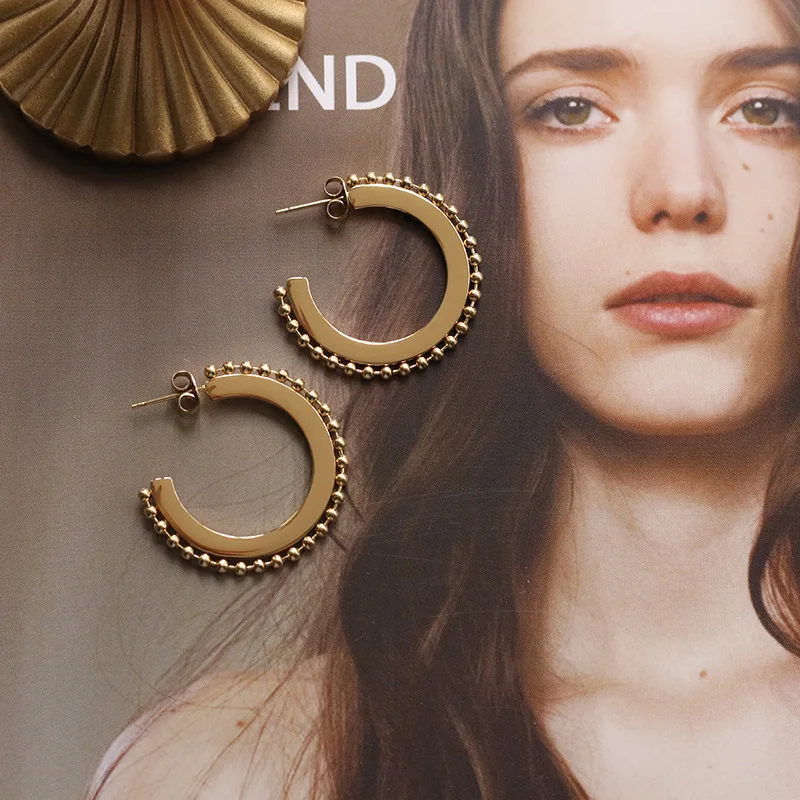 Wholesale Women Jeweley 18K Gold Bead Stainless Steel Hoop Earrings
