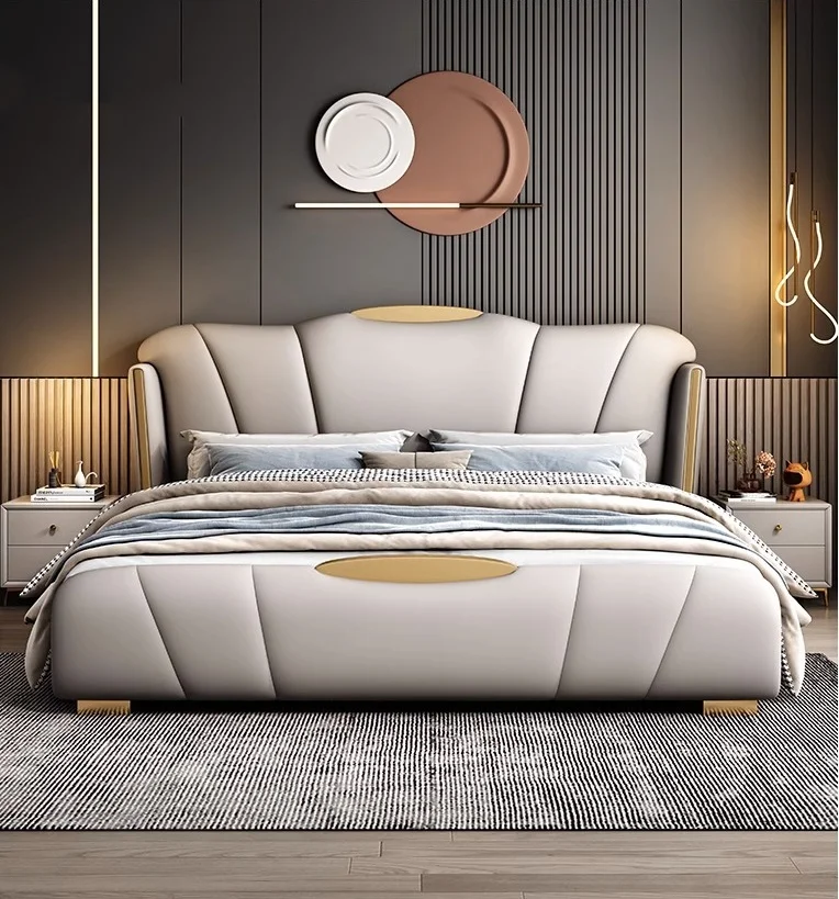 Wholesale Luxury Designs King Size Modern Leather Bed Solid Wood Frame High Double Bed Upholstered Leather Headboard