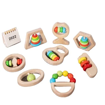 wooden log handbell rattle baby teething wooden early education toys