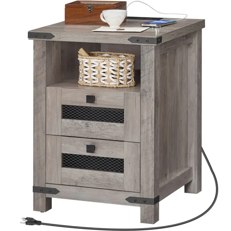 Farmhouse Wooden 1/2 Drawer Bedside Table Wooden Nightstand Bedside End Table With Charging Station And Usb Ports For Bedroom