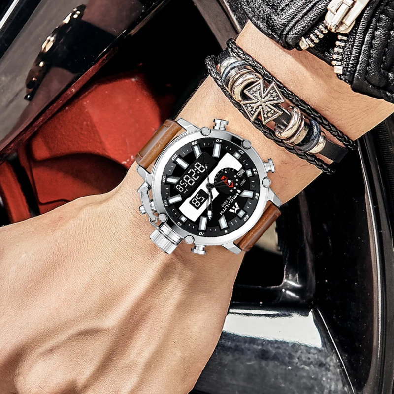 Megalith 8229 Luxury Waterproof Leather Quartz Dual Display Waterproof