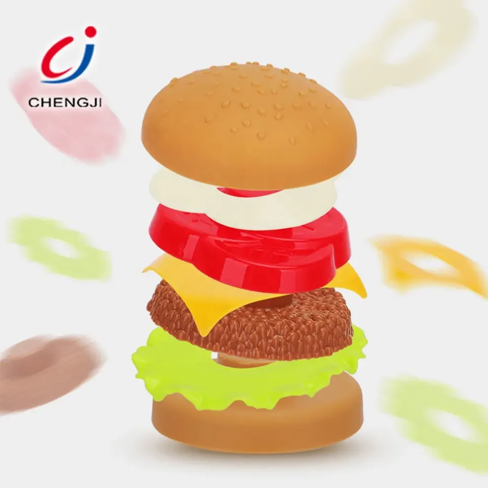 Chengji wholesale cheap plastic fast food toys kitchen pretend play food assembly burger hamburger shop toy set