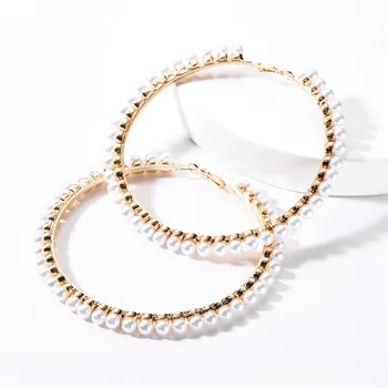 Fashion big circle inlaid pearl earrings female temperament personality wild earrings girl heart street shooting