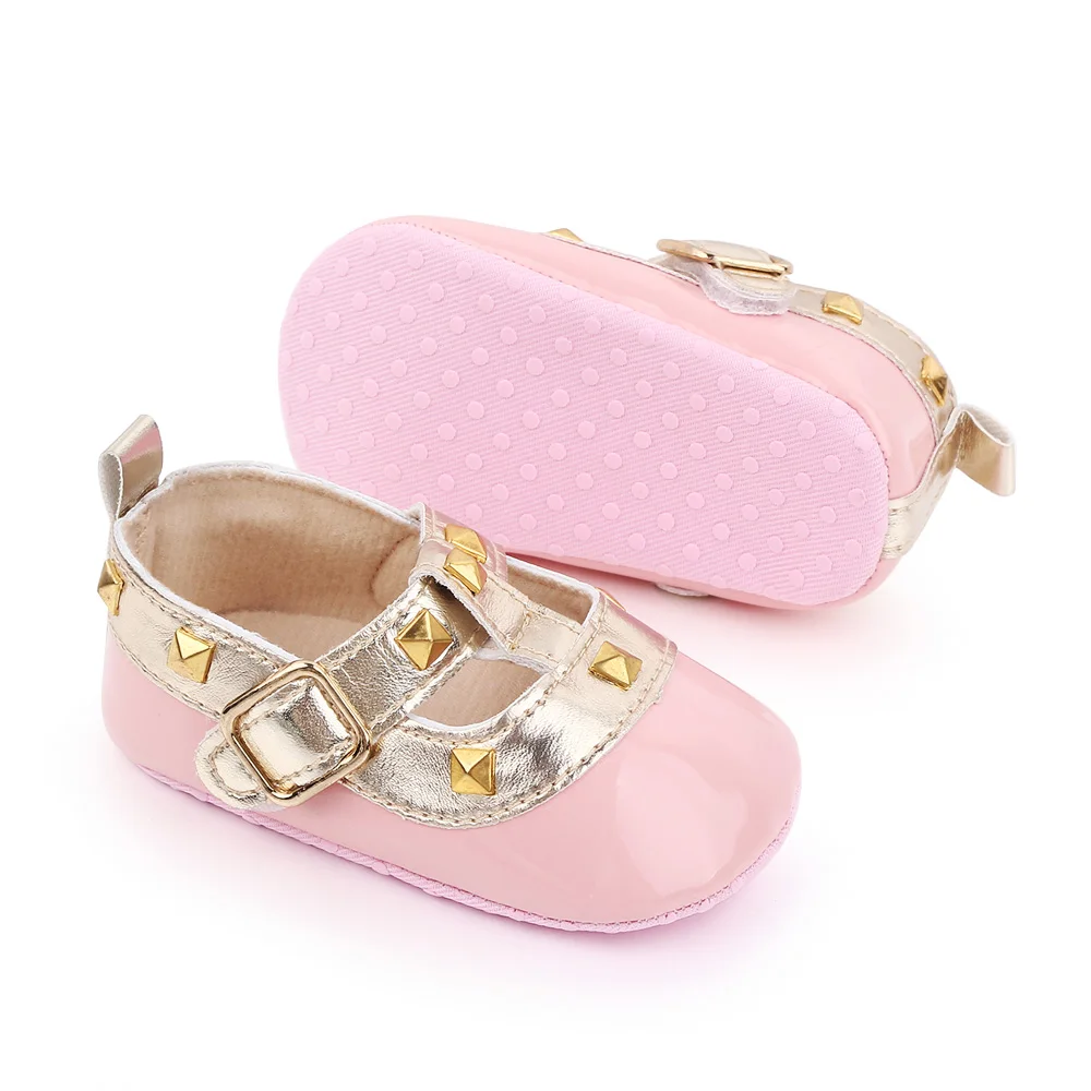 Bright Spliced Geometric Metal Decorated Baby Girls Pretty Princess Walking Shoes factory