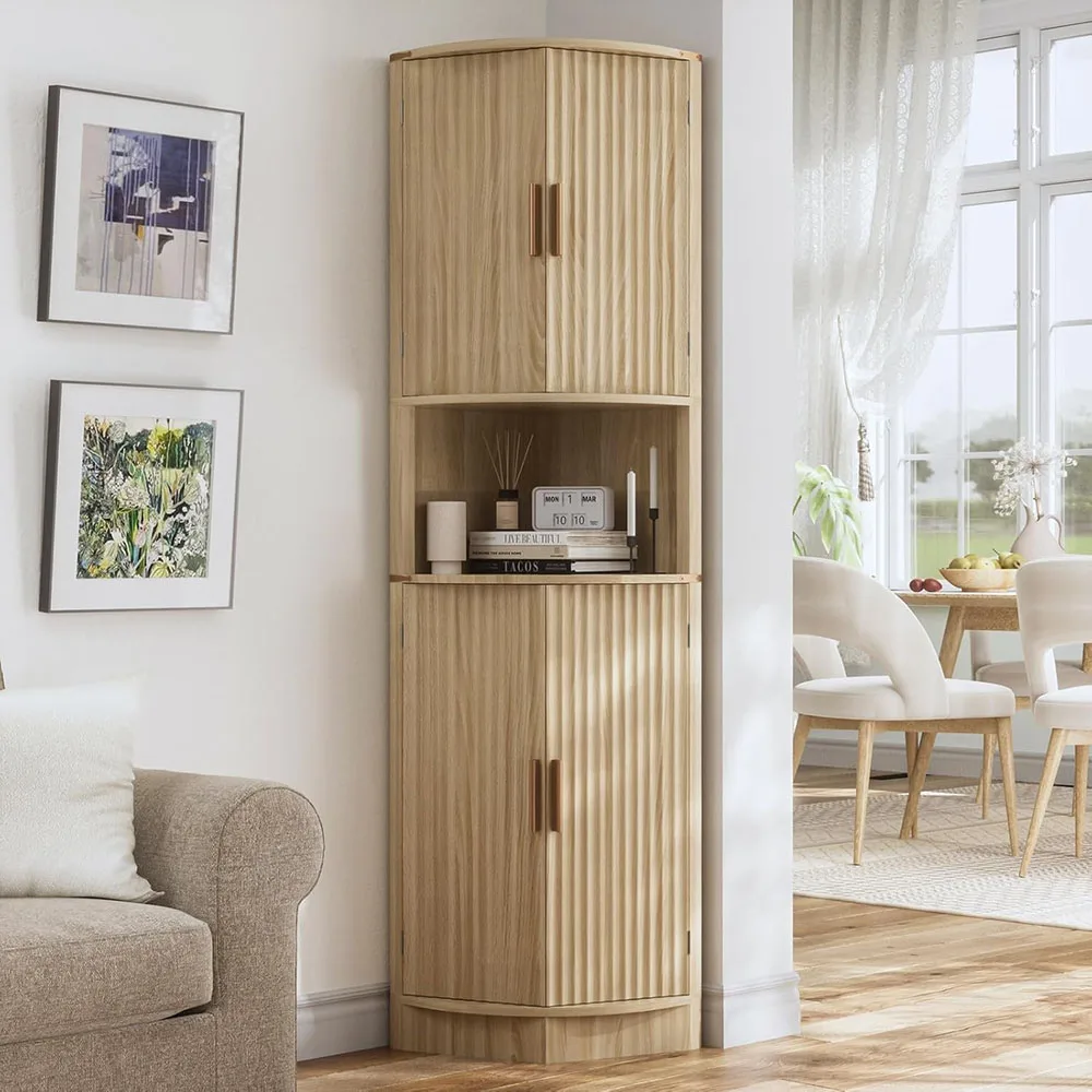 68" Tall Modern Wood Corner Storage Cabinet 4 Doors 5 Shelves Pantry Hutch Cupboard Space Saver Kitchen Living Room manufacture