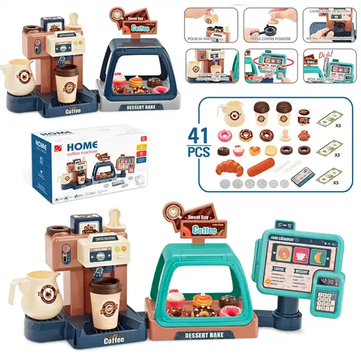 MB1 Kitchen Toys Simulation Food Bread Coffee Cake Pretend Play Shopping Cash Register Toys Coffee Machine Toy Set