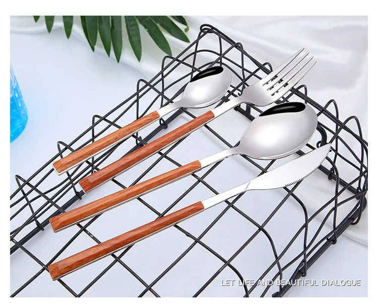 Luxury Korean marble plastic handle cutlery set spoon fork knife flatware set stainless steel silverware set with wooden handle