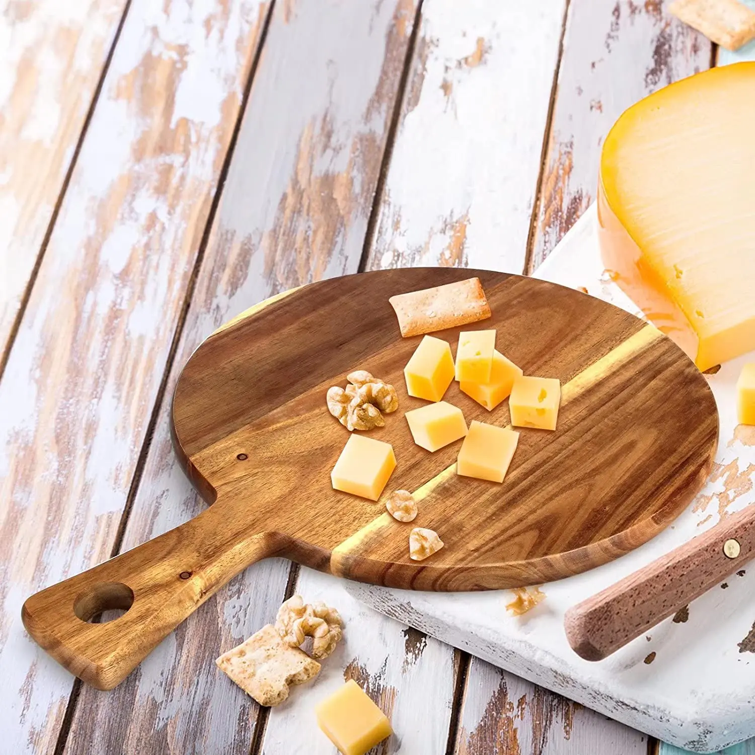 product acacia wood pizza peel cutting board round chopping boards with handle for kitchen-5