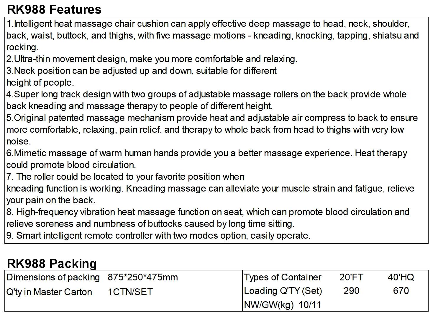 COMTEK Portable Massage Cushion Factory Supply Superior Quality Neck Shiatsu Back Stretch Heat Function RK988