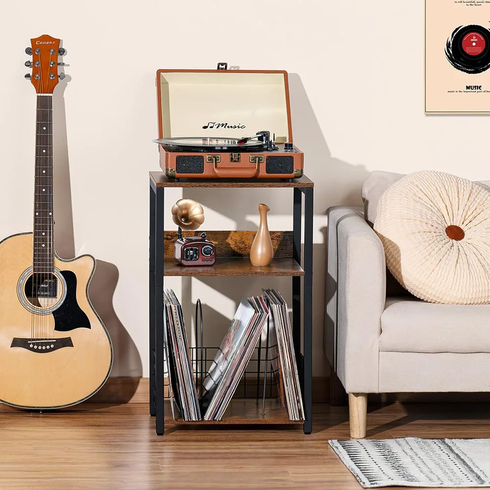 3-Tier Brown Records Storage End Table Wooden Metal Turntable Stand Living Room Bedroom Coffee Tables Record Player Stand supplier