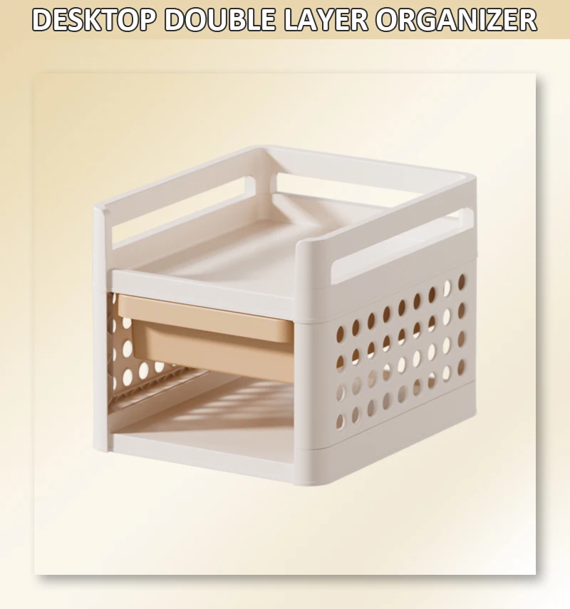 product double desktop storage shelf square pp plastic for office stationery cosmetics kitchen bathroom organization office accessories-3