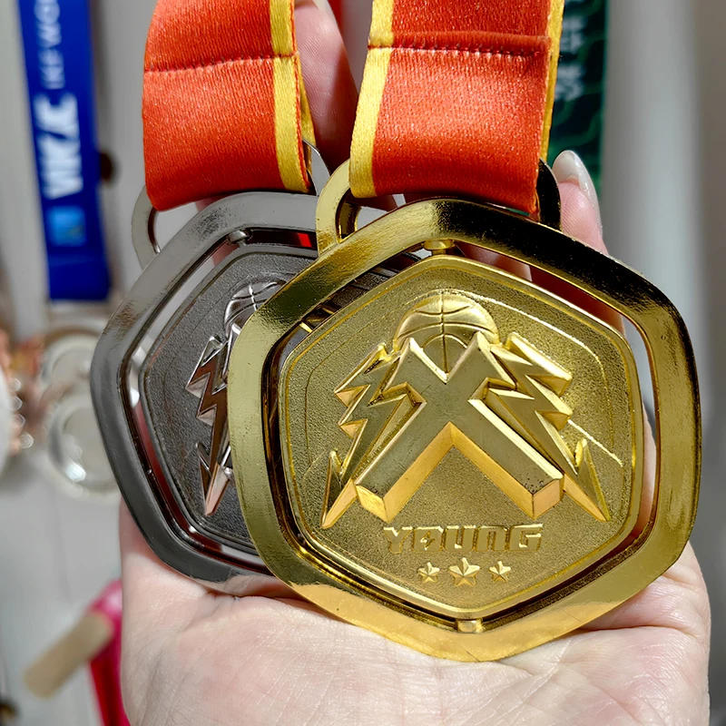 Custom Modern Style Spinning Sports Metal Medals Ribbon Basketball Sport Rotatable Medal Award Blank manufacture