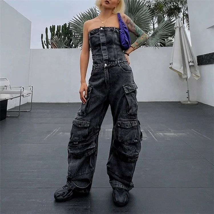 Personality Jumpsuit 2023 New Fashion Street Style Bra Waist Down Figure Showing Hot Girl Multi Pocket Denim Cargo Pants