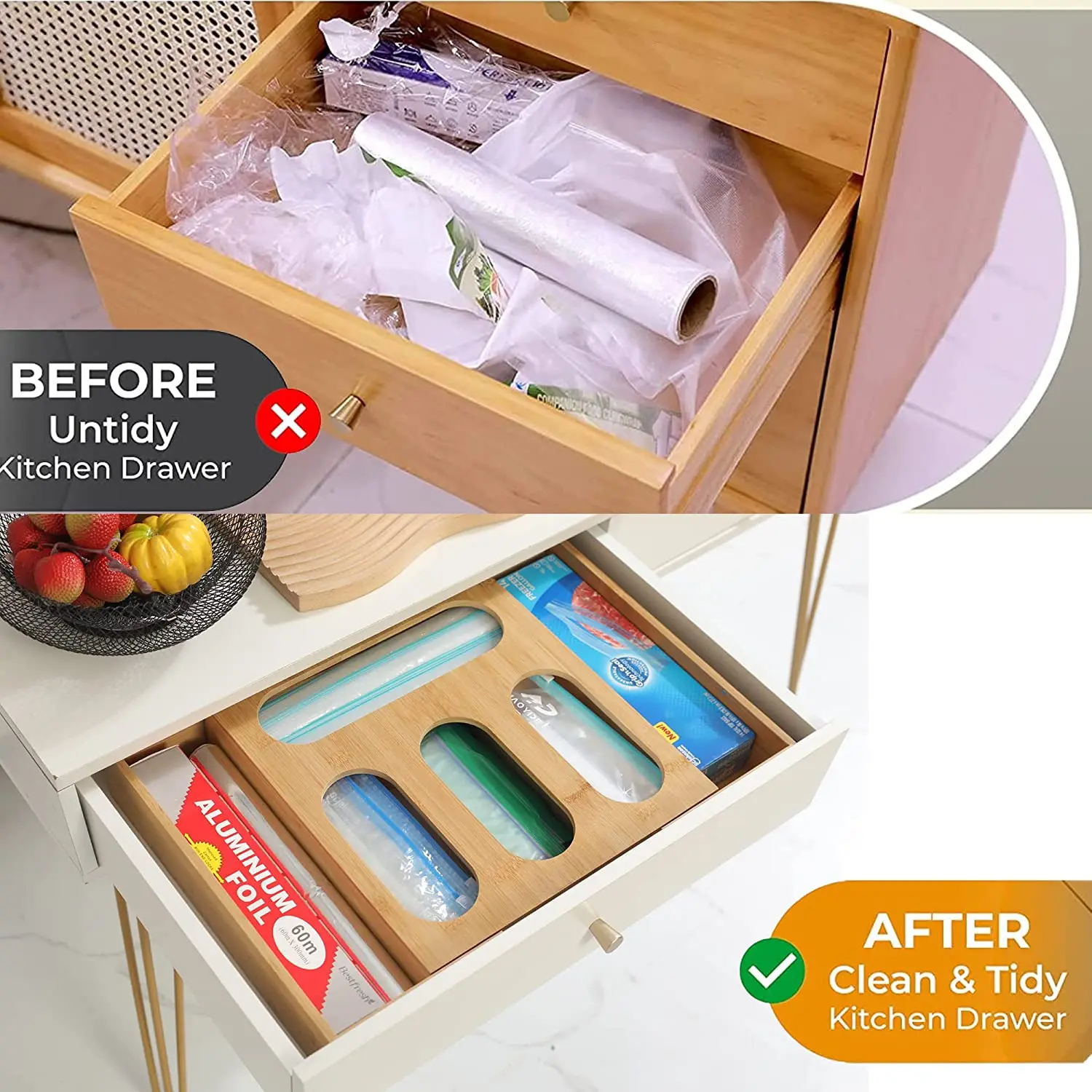 product modern expandable bamboo storage bag organizer with foil and plastic wrap holder lacquer technique for kitchen sundries-0