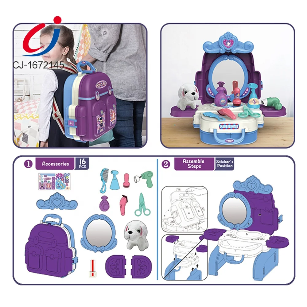 Chengji kid role play set 3 in 1pet toy pretend play toy backpack kids dog cat fashion beauty hair pet salon care play set
