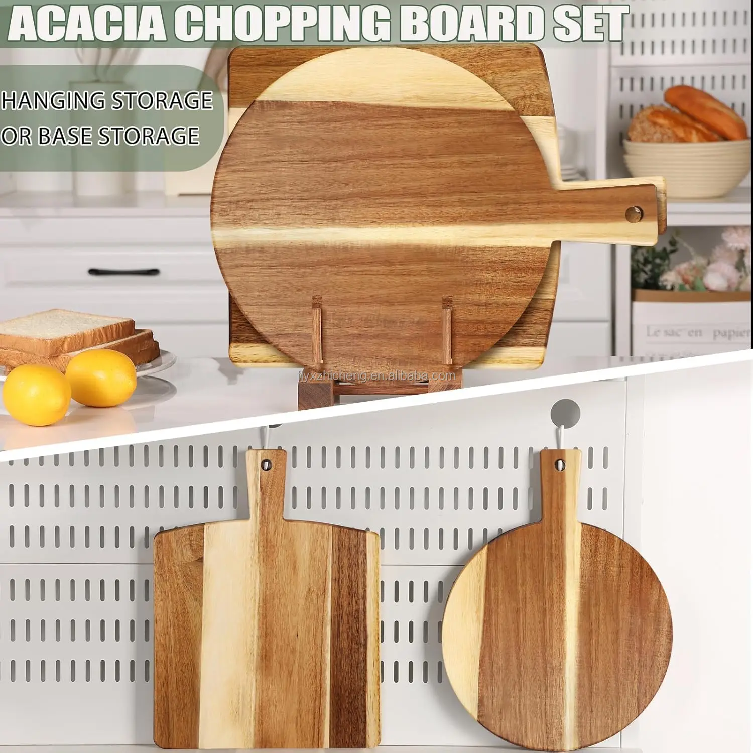 product 2 pack acacia wood square cutting board set with stand 06 inch thick for cheese meat pizza vegetables 16x12 inch-4