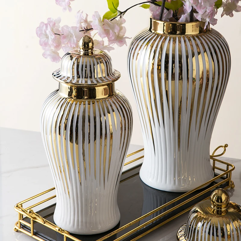 Ceramic gold temple jar porcelain snow ginger jar decoration home decor vase with cover Home Decor Large Flower Vase